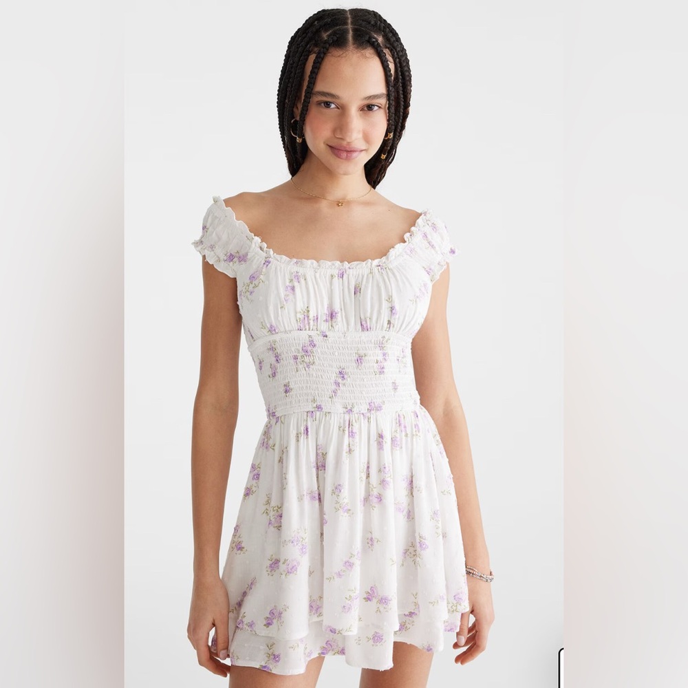 Aeropostale Off-The-Shoulder Romper White and Purple Floral